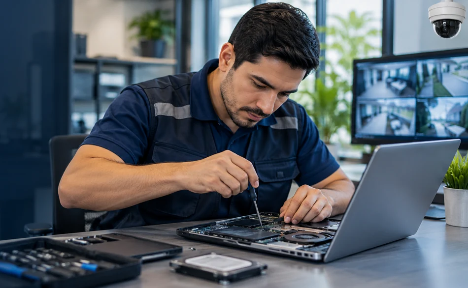 Técnico revisando componentes de un computador portátil